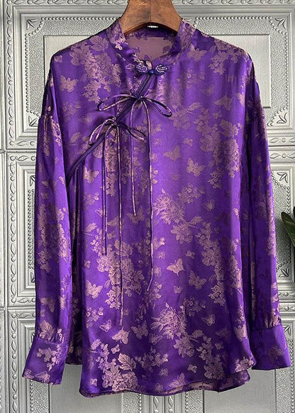 Chic Purple Stand Collar Print Lace Up Silk Shirt Top Spring F4106