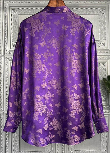 Chic Purple Stand Collar Print Lace Up Silk Shirt Top Spring F4106