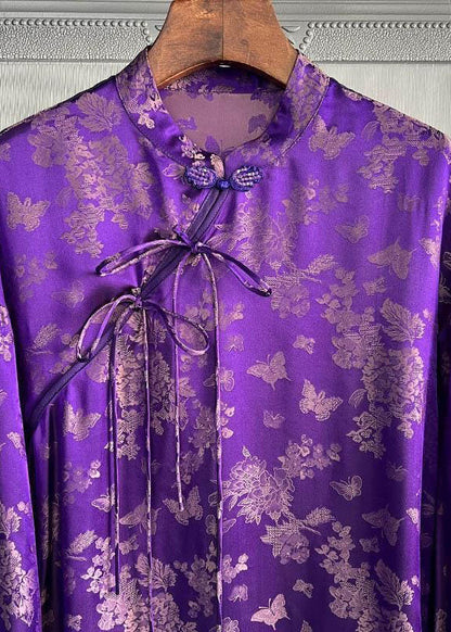 Chic Purple Stand Collar Print Lace Up Silk Shirt Top Spring F4106