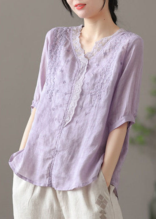 Chic Purple V Neck Embroideried Linen Blouse Tops Half Sleeve TG1043