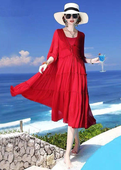 Chic Red Patchwork Silk Two Pieces Set Beach Holiday Dress Summer LC0249