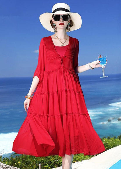 Chic Red Patchwork Silk Two Pieces Set Beach Holiday Dress Summer LC0249