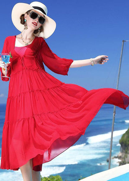 Chic Red Patchwork Silk Two Pieces Set Beach Holiday Dress Summer LC0249