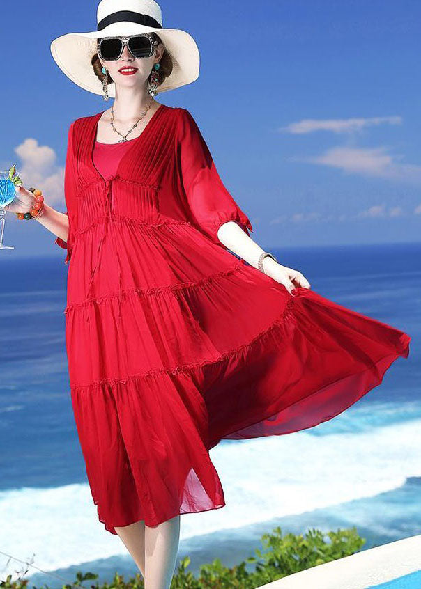 Chic Red Patchwork Silk Two Pieces Set Beach Holiday Dress Summer LC0249