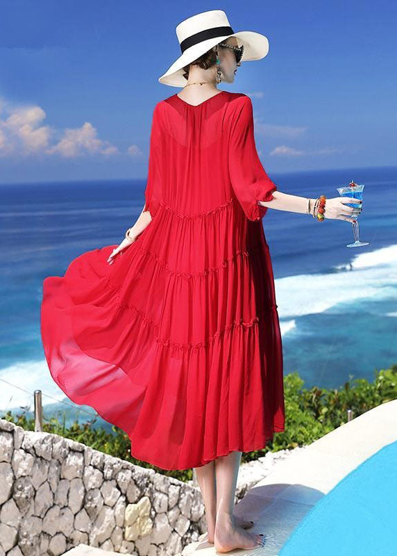 Chic Red Patchwork Silk Two Pieces Set Beach Holiday Dress Summer LC0249