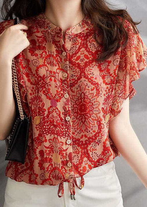 Chic Red Ruffled Print Patchwork Silk Shirt Tops Summer LY0389