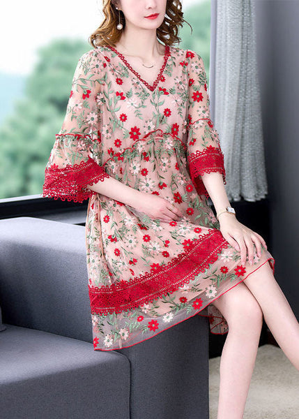 Robe longue chic rouge à col en V, en tulle patchwork et dentelle brodée, collection été FR2024