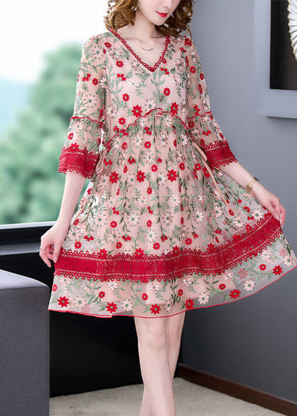 Chic Red V Neck Embroideried Lace Patchwork Tulle Maxi Dresses Summer FR2024