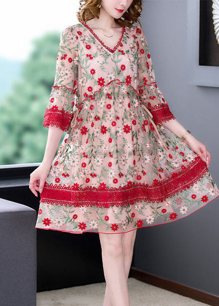 Robe longue chic rouge à col en V, en tulle patchwork et dentelle brodée, collection été FR2024