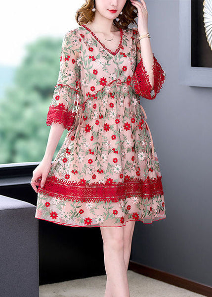 Robe longue chic rouge à col en V, en tulle patchwork et dentelle brodée, collection été FR2024