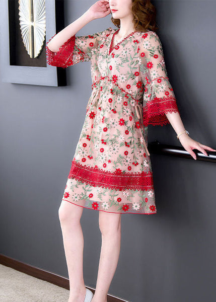 Robe longue chic rouge à col en V, en tulle patchwork et dentelle brodée, collection été FR2024