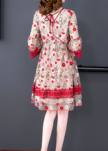 Robe longue chic rouge à col en V, en tulle patchwork et dentelle brodée, collection été FR2024