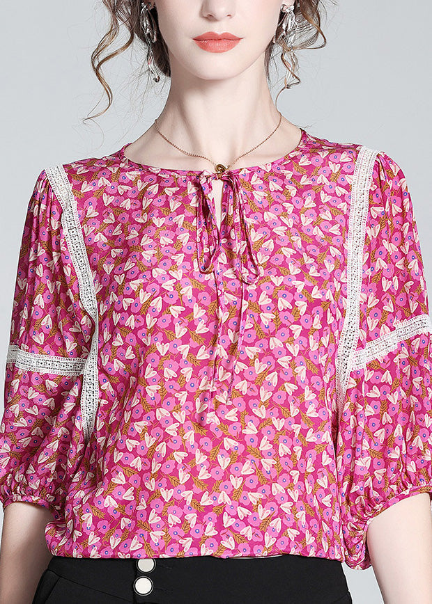 Chic Rose O-Neck Print Neck Tie Silk Tops Short Sleeve LY1019