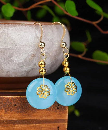 Chic Sea Blue Sterling Silver 14K Gold Chalcedony Drop Earrings Ada Fashion