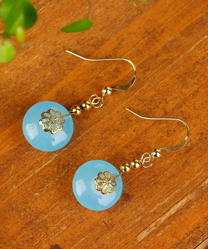 Chic Sea Blue Sterling Silver 14K Gold Chalcedony Drop Earrings Ada Fashion