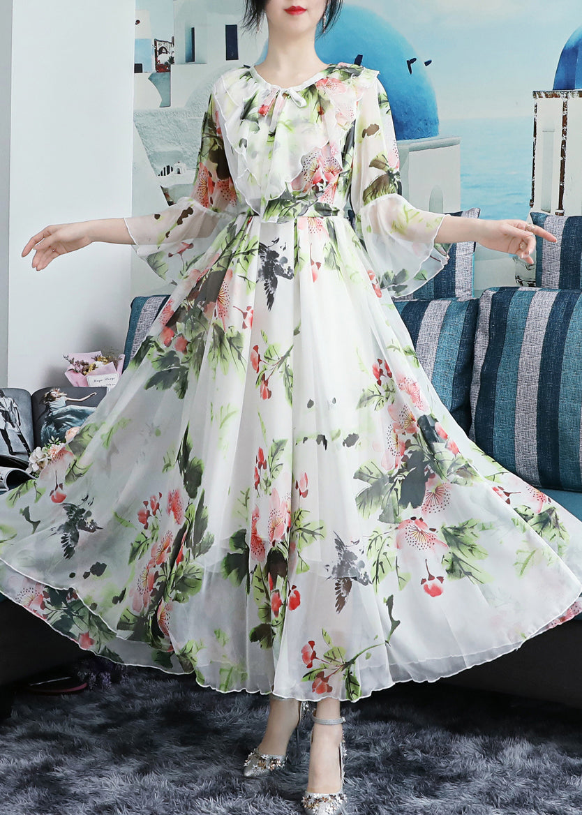Chic White O-Neck Bow Print Ruffled Chiffon Long Beach Dresses Long Sleeve LY1773