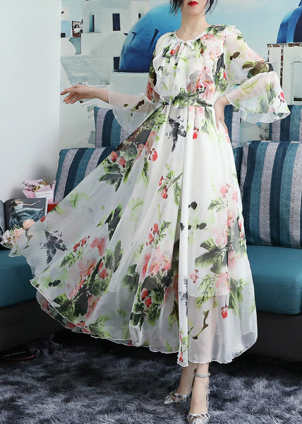 Chic White O-Neck Bow Print Ruffled Chiffon Long Beach Dresses Long Sleeve LY1773