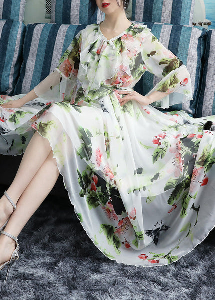 Chic White O-Neck Bow Print Ruffled Chiffon Long Beach Dresses Long Sleeve LY1773