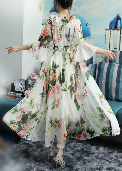 Chic White O-Neck Bow Print Ruffled Chiffon Long Beach Dresses Long Sleeve LY1773