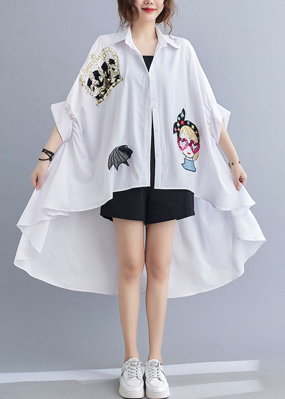 Chic White Oversized Sequins Applique Low High Design Cotton Tops Batwing Sleeve LY1546