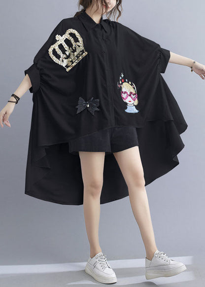 Chic White Oversized Sequins Applique Low High Design Cotton Tops Batwing Sleeve LY1546