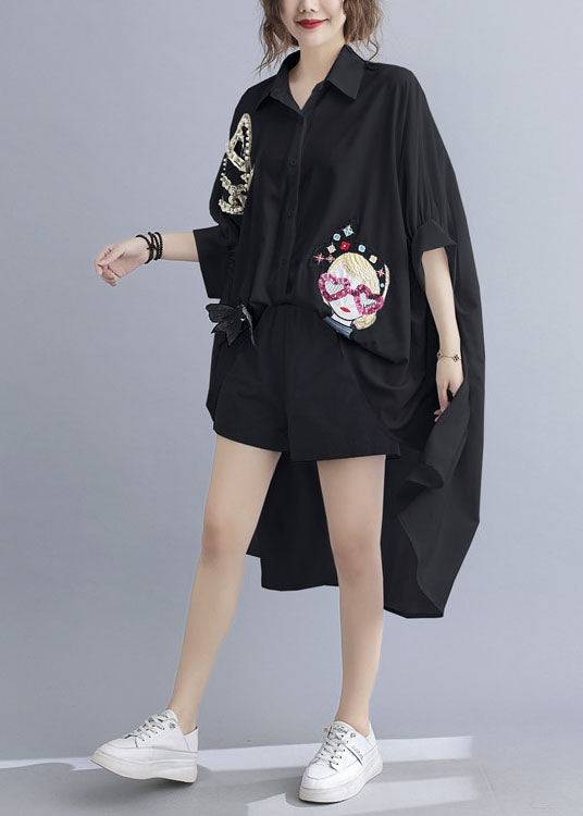 Chic White Oversized Sequins Applique Low High Design Cotton Tops Batwing Sleeve LY1546