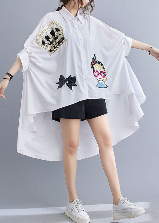 Chic White Oversized Sequins Applique Low High Design Cotton Tops Batwing Sleeve LY1546