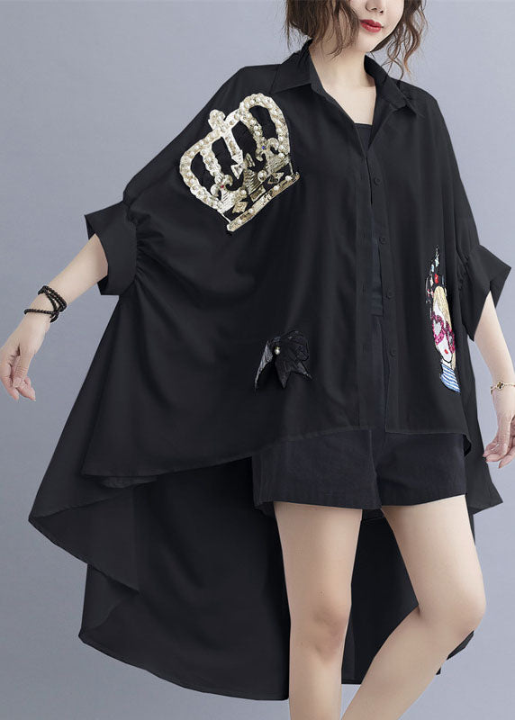 Chic White Oversized Sequins Applique Low High Design Cotton Tops Batwing Sleeve LY1546