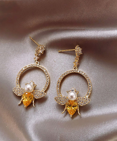 Chic Yellow Alloy Crystal Zircon Bee Hoop Earrings LY1800