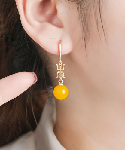 Chic Yellow Sterling Silver Overgild Inlaid Spheroidal Beeswax Drop Earrings Ada Fashion