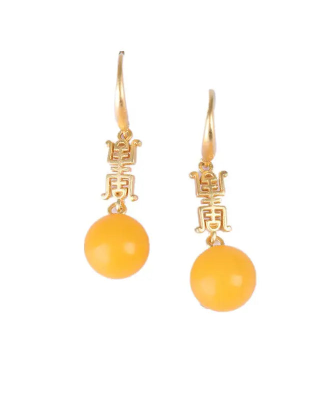 Chic Yellow Sterling Silver Overgild Inlaid Spheroidal Beeswax Drop Earrings Ada Fashion