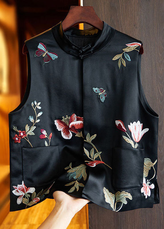 Chinese Style Black Butterfly Embroideried Patchwork Silk Vest Sleeveless LY1699
