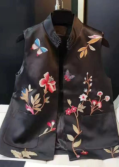 Chinese Style Black Butterfly Embroideried Patchwork Silk Vest Sleeveless LC0234