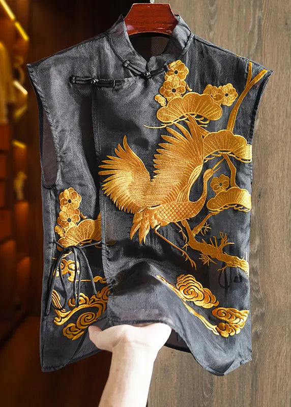 Chinese Style Black Embroidered Lace Up Patchwork Waistcoat Sleeveless Ada Fashion