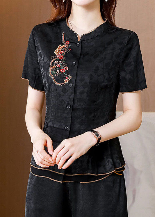 Chinese Style Black Embroideried Patchwork Silk Shirts Summer LY0432