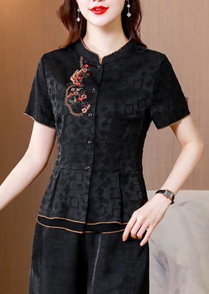 Chemises d'été en soie patchwork noire brodée style chinois LY0432
