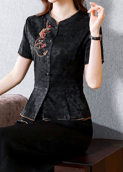 Chemises d'été en soie patchwork noire brodée style chinois LY0432