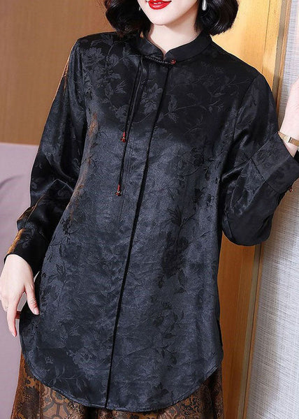 Chemisier en soie patchwork jacquard noir à franges, style chinois, manches longues TI1052