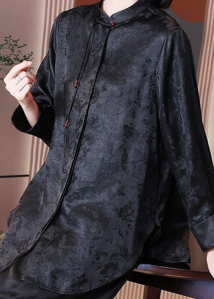 Chemisier en soie patchwork jacquard noir à franges, style chinois, manches longues TI1052