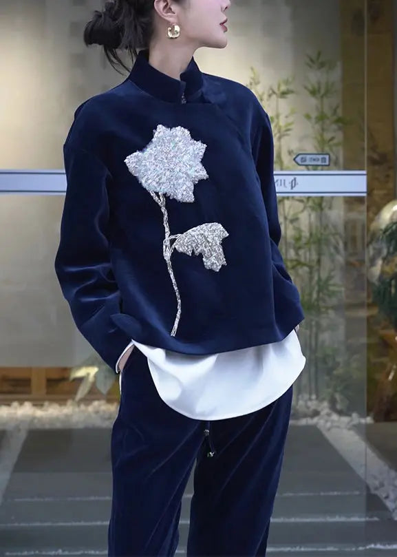 Chinese Style Blue Embroidered Velour Two Piece Set Clothing Fall Ada Fashion