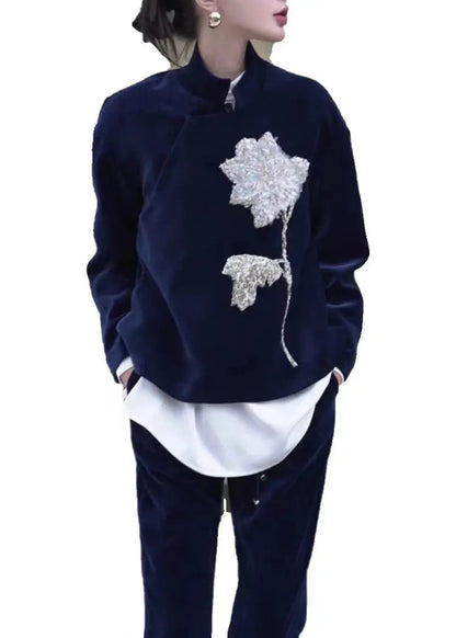 Chinese Style Blue Embroidered Velour Two Piece Set Clothing Fall Ada Fashion