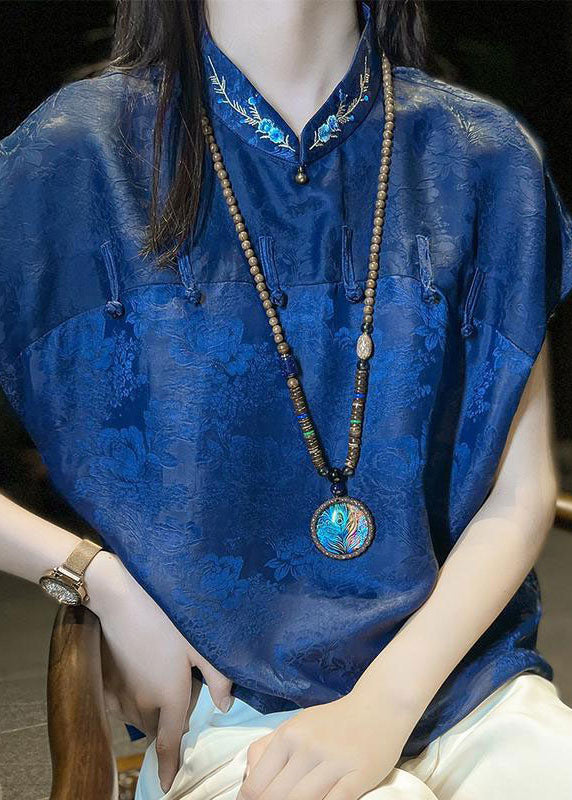 Chinese Style Blue Embroideried Patchwork Jacquard Silk Shirt Summer LC0267