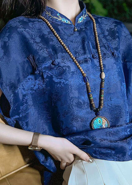 Chemise d'été en soie jacquard patchwork brodée bleue style chinois LC0267