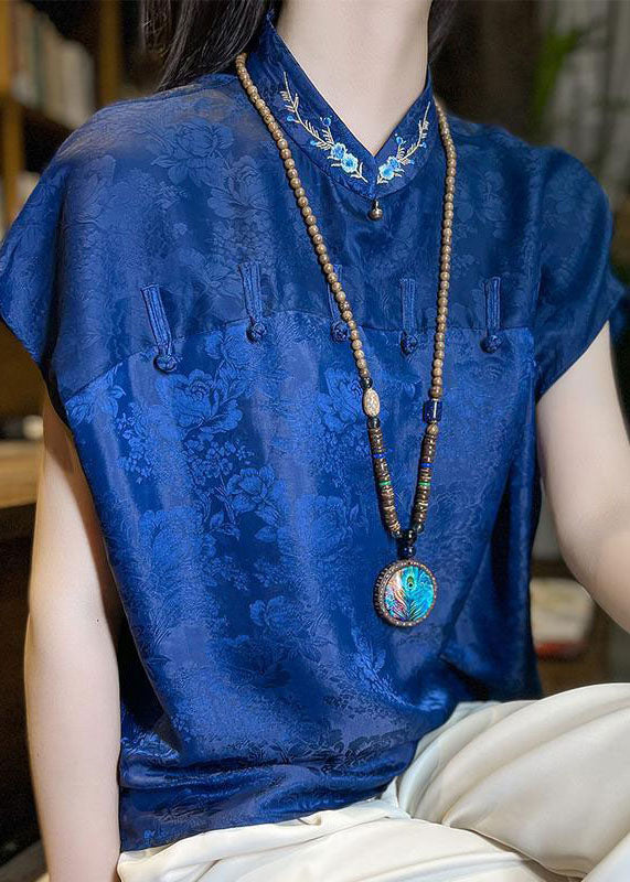 Chinese Style Blue Embroideried Patchwork Jacquard Silk Shirt Summer LC0267