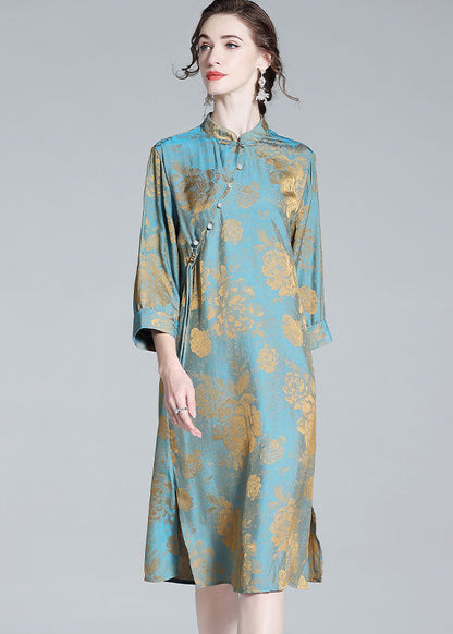 Chinese Style Blue Tasseled Patchwork Jacquard Silk Dresses Spring LY0109