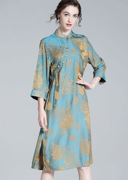 Chinese Style Blue Tasseled Patchwork Jacquard Silk Dresses Spring LY0109