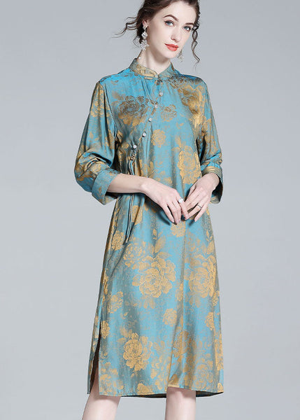 Chinese Style Blue Tasseled Patchwork Jacquard Silk Dresses Spring LY0109