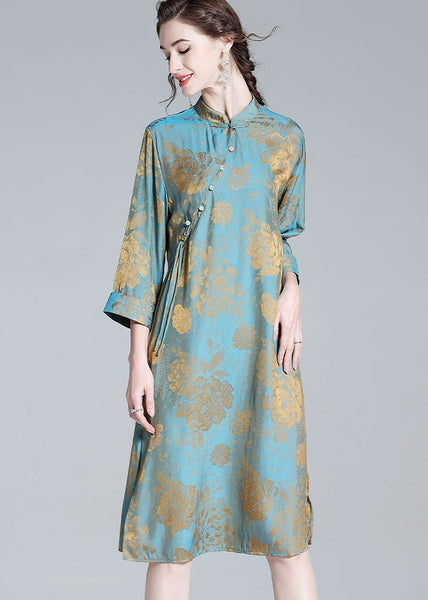 Chinese Style Blue Tasseled Patchwork Jacquard Silk Dresses Spring LY0109