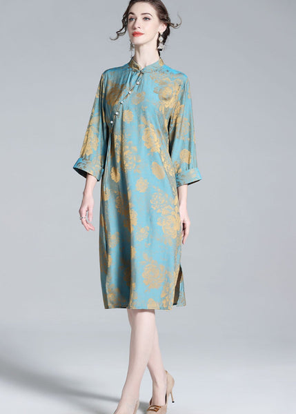 Chinese Style Blue Tasseled Patchwork Jacquard Silk Dresses Spring LY0109
