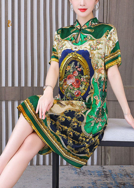 Chinese Style Green Print Mandarin Collar Silk A Line Dress Summer LY1682